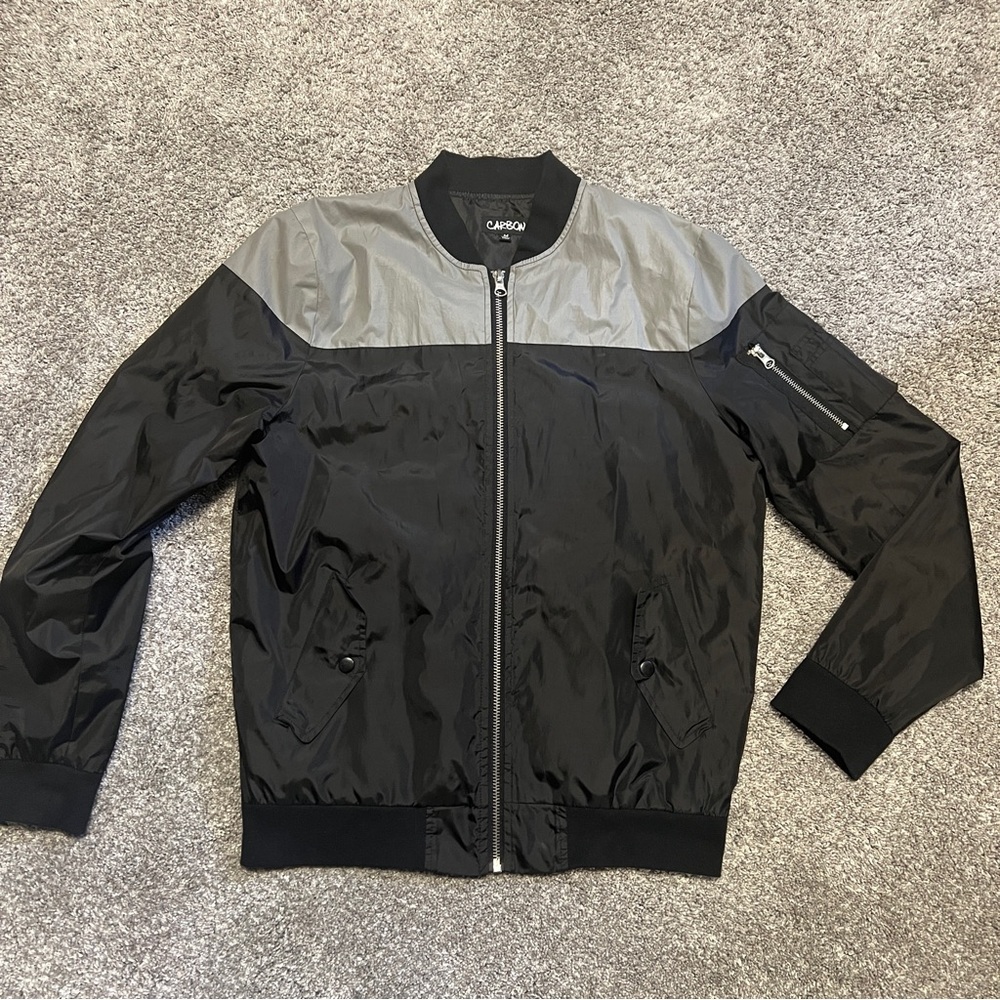 CARBON Color Block Lined Black Gray Full Zip Bomber Windbreaker Jacket M